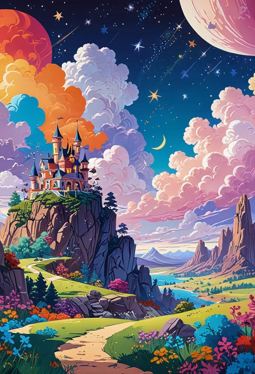 A vibrant and whimsical illustration of a whimsical landscape where animated characters from adult animation are interacting in playful scenes, blending humor and seduction. Include elements of eroticism with bold colors and exaggerated features, set against a dreamy sky filled with stars and playful clouds. Showcase diverse styles of adult animation characters in a stylized, artistic manner. Cartoonish yet sophisticated aesthetic. bright colors. pop-art style.